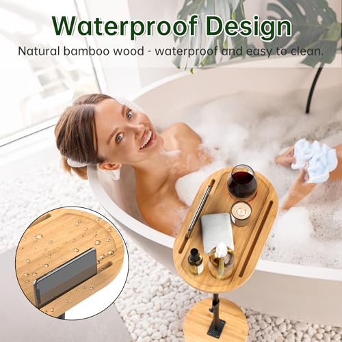 NiHome Bamboo Swivel Sofa Armrest Tray Table for Couch with Thickened Stable Base, Adjustable Height TV Tray Side Table with 360° Rotating for Bath Tub Hot Tub Bedside Balcony - size: Standard