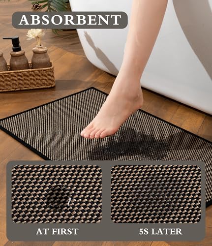 YIHOUSE Bathroom Rugs Sets 3 Pieces, Black Ultra Thin Bath Mats Fit Under Door, Absorbent Quickly Dry Rubber Backing Braided Bath Mat Set, Non Slip Washable Bath Rugs for Bathroom Floor, Black - color: Black, size: 3pieces