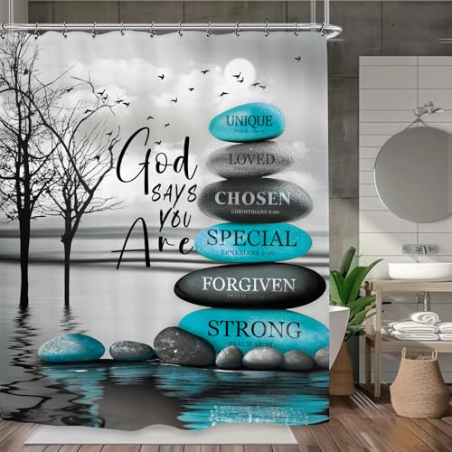 Teal Zen Spa Shower Curtain 60Wx72L Inch Quotes Meditation Inspirational Motivational Bible Positive Bathroom Set Accessories Decor with 12 Pack Hooks - color: Teal Zen, size: 60"W x 72"L (Pack of 1)