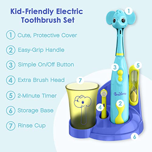 Brusheez Kids’ Electric Toothbrush Set - Safe & Effective for Ages 3+ - Parent Tested & Approved with Gentle Bristles, 2 Brush Heads, Rinse Cup, 2-Minute Timer, & Storage Base (Ollie the Elephant) - color: Ollie the Elephant