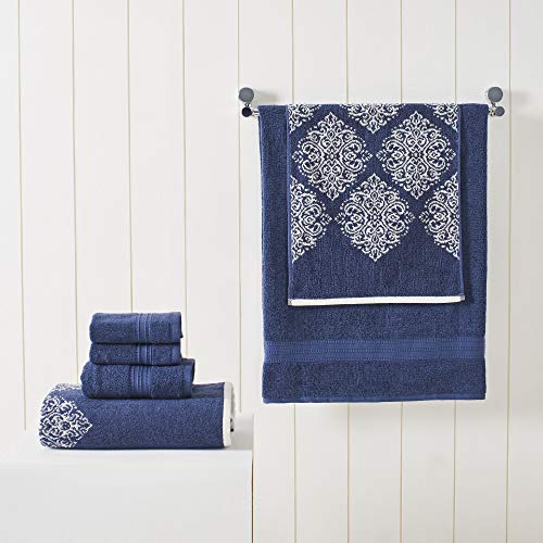 Modern Threads 6 Piece Reversible Yarn Dyed Jacquard Towel Set Artesia Damask Indigo - color: Indigo