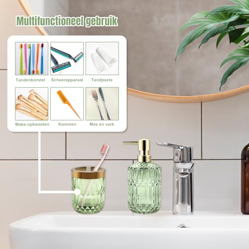 2Pcs Green Bathroom Accessories Set, Glass Bathroom Accessories, Vintage Bathroom Countertop Decoration Includes Soap Dispenser, Toothbrush Holder - color: Green, size: 2 Pcs