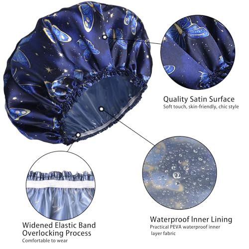 4 PCS Shower Cap for Women, Elastic and Reusable Bath Caps, Double Layers Shower Caps Reusable Waterproof, Bathing Shower Caps, Environmental Bath Hair Protection Cap - Butterfly A - color: Butterfly A