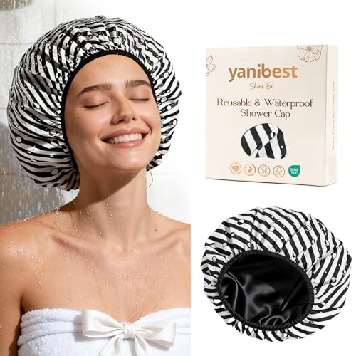Yanibest Shower Cap for Women - Frizz Free Satin Lined Shower Cap Waterproof Large Double Layer Reusable with Soft Elastic Band for Braids Long Hair - color: Zebra