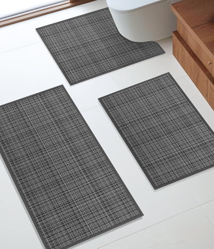 YIHOUSE Bathroom Rugs Sets 3 Pieces, Dark Grey Ultra Thin Bath Mats Fit Under Door, Absorbent Quickly Dry Rubber Backing Braided Bath Mat Set, Non Slip Washable Bath Rugs for Bathroom Floor, Grey - color: Grey Multi, size: 3pieces