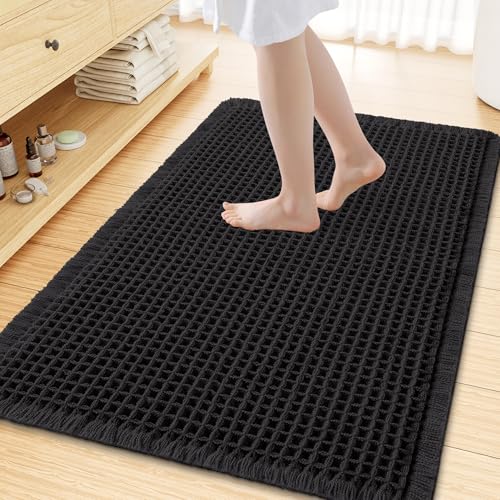 Smiry Waffle Bath Mat 47x32, Extra Soft Absorbent Bathroom Rugs, Non Slip Machine Washable Quick Dry Bath Rugs for Bathroom Floor, Tub, Shower, Home Decor Accessories, Black - color: Black, size: 47'' X 32''