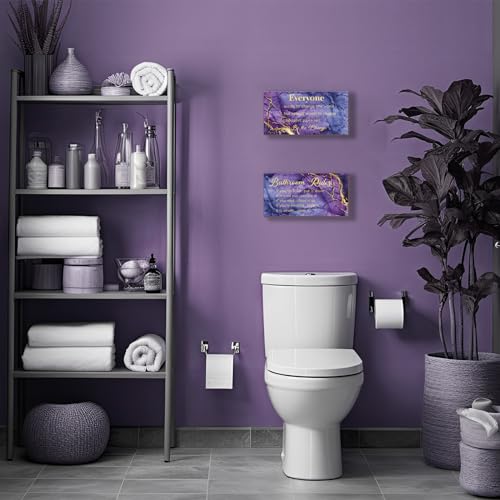 DONFENTHY 2 Pieces Purple Gold Bathroom Decor Bathroom Rules Wall Art Rustic Farmhouse Wooden Sign for Bathroom Toilet (Purple Gold 12x6") - color: Purple