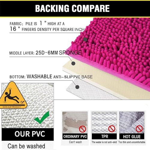Bathroom Rugs Chenille 3-Piece Extra Soft and Absorbent Shag Bathroom Rugs, Machine Wash Mat, Strong PVC Non-Slip Underside, Plush Carpet Mats (Rose Red) - color: Rose Red, size: 2'8" x 1'8" (16x24"+20x32"+20x20"U shape）
