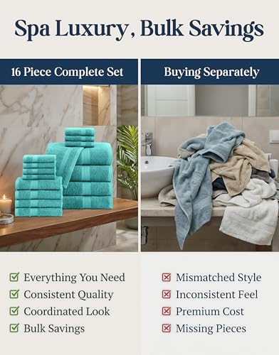 LANE LINEN 100% Cotton Bath Towel Set - 16 Pieces - Softer, Durable & Highly Absorbent - 4 Bath, 8 Wash cloths, 4 Hand Towels for Bathroom - Family Set, Premium Quality & OEKO-TEX Certified - Teal - color: 09: Teal