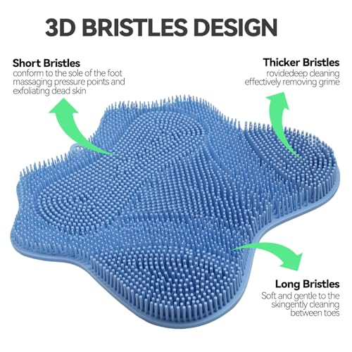ozner Silicone Shower Foot Scrubber Mat,Back Washer Bath Wash Pad Exfoliating & Massage, Wall Mounted Slip Strong Suction Cups for Use in Cleaner Men and Women (Blue) - color: Blue