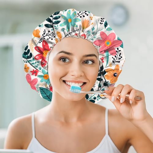 Luxury Shower Cap Silk Satin Lined Waterproof Reusable Adjustable Elastic Dry Hair Bathing Caps Cute for Women Girls-Red Flower - color: C-2-Red Flower