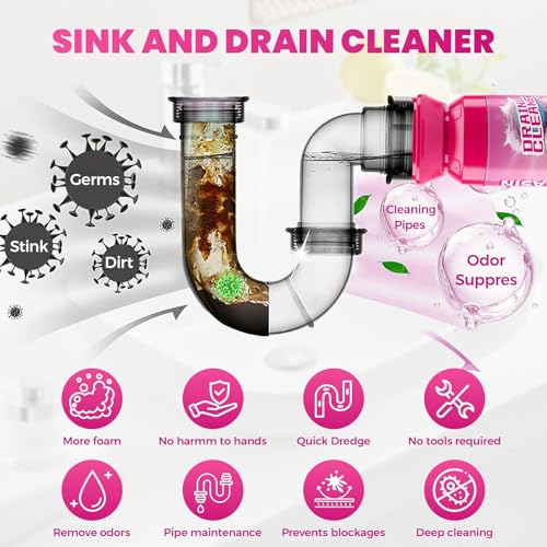 Foaming Drain Cleaner, Powerful Sink Drain Cleaner Foam That Clears Hair & Eliminates Odors, Fast Clog Removal, Safe Sink Cleaner and Deodorizer for Kitchen Sinks Bathroom Drains Tubs Showers (2Pcs)