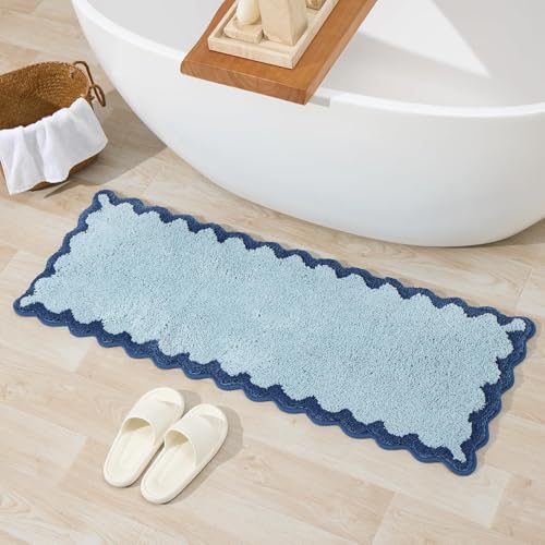 ORTIGIA Long Cute Scalloped Bathroom Rugs Runner, Fun Blue Plush Microfiber Scallop Bath Mats Non Slip Washable Quick Dry Absorbent, Rug Carpet for Bathtub Sink Laundry Room Bedroom, 17x47 - color: Blue, size: 1'5" x 3'11" (Rectangular)