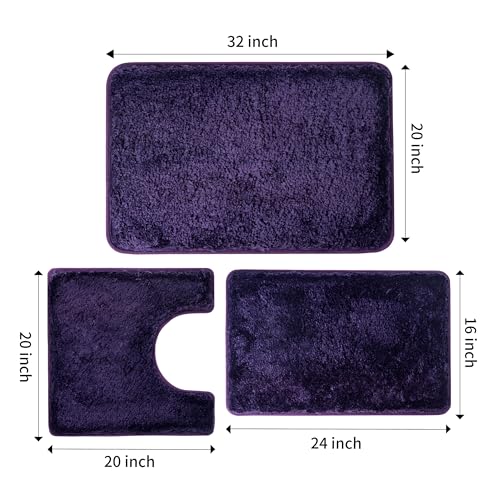 3 Pieces Luxury Bathroom Rug Set with U-Shaped Toilet Rug, Non-Slip Rubber Bottom, Thick Microfiber Fluffy Plush, Water Absorption, Quick Dry, Ultra Soft, Bath Mats for Bathroom, Tub(Purple) - color: Purple