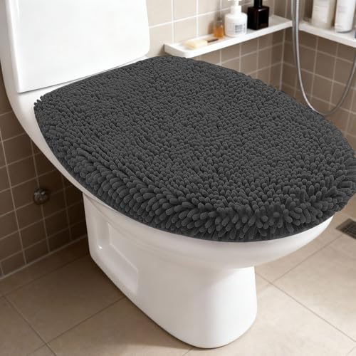 RUN HELIX Bathroom Toilet Lid Cover,Chenille Machine Washable Seat Covers, 17.5x15, Stays in Place Rubber Backing, Fits Most Round, Elongated and Oblong Lids, Accessories Decor, Dark Grey - color: Dark Grey, size: Lid 17.5"x15"