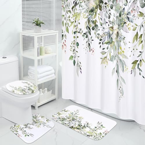 MitoVilla 4 Pcs Sage Green Eucalyptus Bath Sets with Shower Curtain, Plant Leaves Rugs for Bathroom Decor - color: Sagegreen