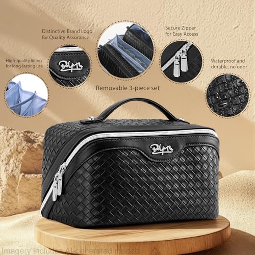 BOYATU Travel Makeup Bags for Women: 3 Pcs Large Make up Bags Set - Vegan Leather Cosmetic Bag for Traveling - Waterproof Toiletry Organizer (L05 Black) - color: L05 Black