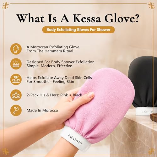 Moroccan Exfoliating Glove for Shower - Kessa Hammam Body Scrub Gloves, Exfoliating Mitt, Bath Mitt - Couple's Spa Set, 2 Pack His and Hers, Pink and Black