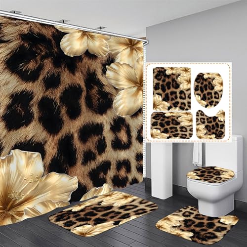 4 Piece Brown Leopard Shower Curtain Set with Rugs, Luxury Golden Floral Art, Exotic Animal Print Fabric Bathroom Decor, Non-Slip Mats & Toilet Lid Cover - color: Gold Floral