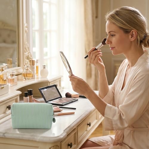 8 Pcs Stripe Cosmetic Bags Seersucker Makeup Bags 4 Colors Women Pouch Large Storage Pouch Toiletry Travel Organizer for Wedding Bridesmaid Bride Favor