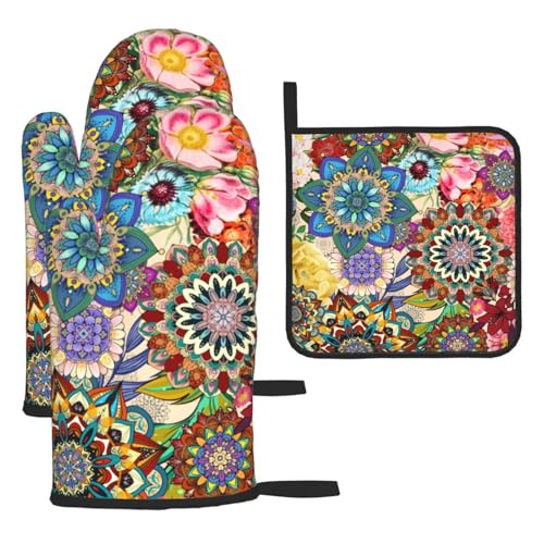 Boho Floral Oven Mitts and Pot Holders Sets, Heat Resistant Colorful Kitchen Gloves Hot Pads, Cute Baker Stuff, Chef Cooking Baking Gifts for Women Bakers, Kitchen Gifts for Cooking Lover Cooks Mom - color: Boho Floral
