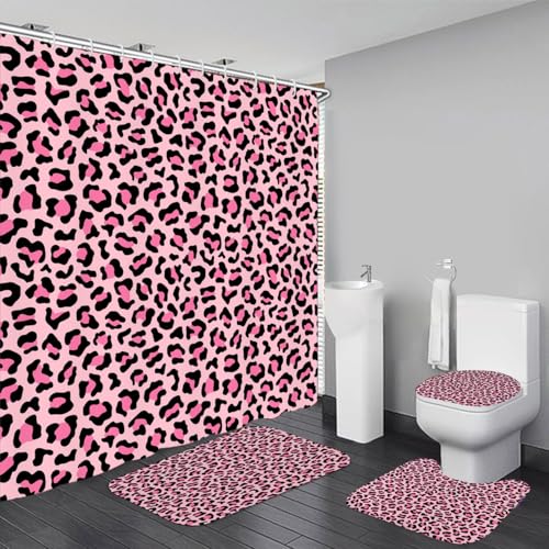 4 PCS Leopard Shower Curtain Cheetah Print Shower Curtain Sets Non Slip Bathroom Rugs Soft Plush Bath Mat Toilet Lid Cover Animal Print Shower Curtains with 12 Hooks for Bathroom Tub, Pink - color: Pink