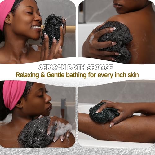 SubSahara Authentic African Net Sponge - 2 Pack Exfoliating Bath & Shower Loofah Sponge for Body & Face, Gentle Scrubber for All Skin Types, Travel, Durable (Black & Grey) - color: Black & Grey