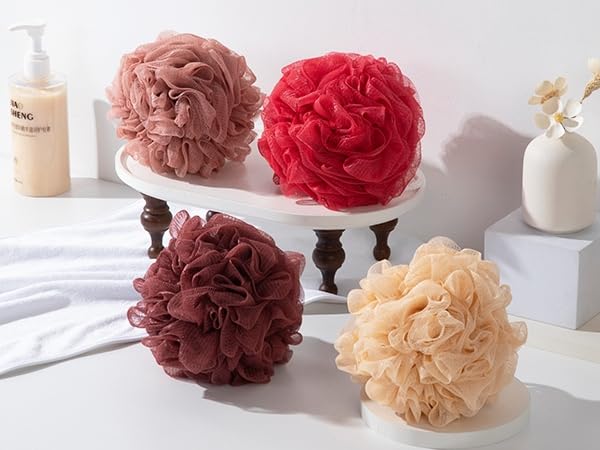 MTDLYICE Loofah Sponge XXL-100g 4 Pack, Bath Sponge Soft Mesh Shower Puff Loofah for Men, Exfoliating Body Scrubber for Women, Shower Accessories (Cherry Red) - style: 100g Cherry Red