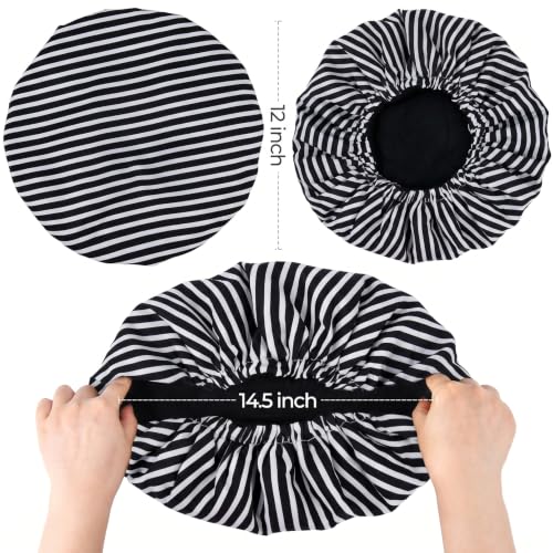 Shower Cap for Men Black Bath Cap, Reversible Terry Lined Large Waterproof Adjustable Shower Caps Elastic Band Stretch Hem Hair Hat for braids - color: Black Stripe