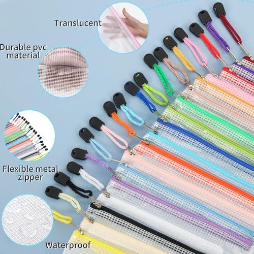 EOOUT 56pcs Mesh Zipper Pouch, Waterproof Zipper Bags, 8 Sizes Plastic Travel Pouch, 18 Colors, Multipurpose for Travel Storage, Office Appliances - style: Multicolor-56pcs