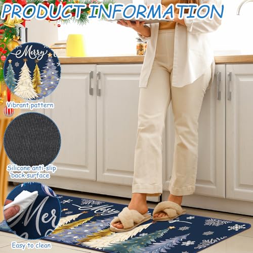 Drydiet 3 Pcs Winter Kitchen Rug and Mat Set Washable Blue Tree Kitchen Floor Mats Waterproof Non Slip Farmhouse Merry Christmas Doormat Holiday Xmas Decor for Home Office Bathroom Party Decor - color: Blue, style: Christmas Tree
