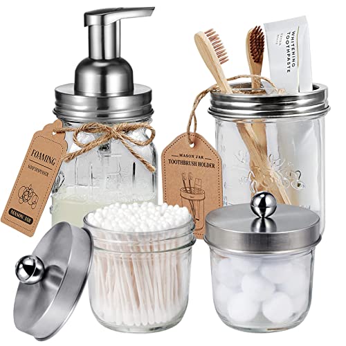 Amolliar Mason Jar Bathroom Accessories Set(4 Pack) - Foaming Soap Dispenser&Qtip Holder &Toothbrush Holder-Rustic Farmhouse Decor Bathroom Organizer Apothecary Jar Country Countertop (Brushed Nickel) - size: Brushed Nickel, style: Wide-mouth