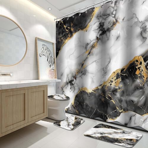 Lnond 4Pcs Bathroom Sets with Shower Curtain and Rugs, Marble Bathroom Shower Curtain Sets, Black White Gold Modern Art Bathroom Sets with Rugs and Accessories - color: Black Grey Marble