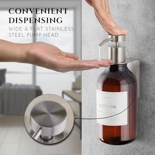 Shower Shampoo Dispenser Wall Mounted – Refillable 16.9 oz Amber Bottle with Stainless Steel Pump & No-Drill Adhesive Holder – Soap Dispenser for Bathroom (1 X Amber/Silver) - color: 1 X Amber/Silver