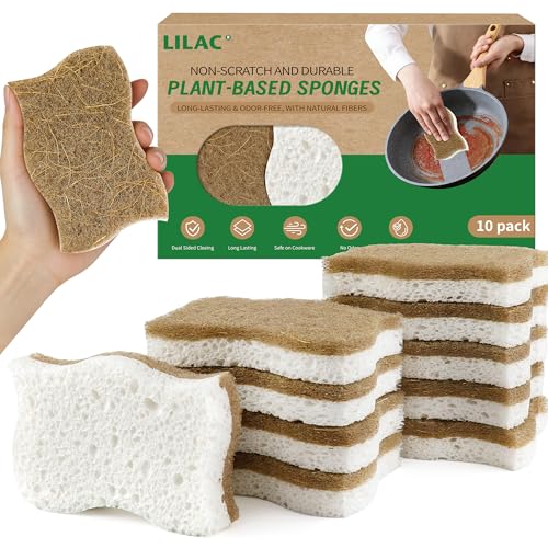LILAC Natural Cellulose Sponges for Dishes - Ergonomic Non-Scratch Kitchen Scrub Sponges - 100% Biodegradable & Eco-Friendly Cleaning Sponges for Non-Stick Cookware, Bathroom & Household (10 Pack) - size: 10 Pack