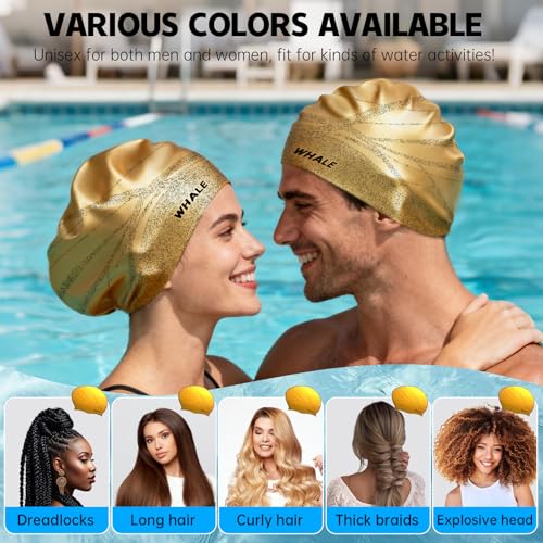 WHALE Extra Large Swim Cap Designed for Men and Women with Thick, Long Hair, Hair Extensions Or Afro-Textured Hair Long-Hair Swim Cap Highly Waterproof to Keep Hair Dry - color: Gold