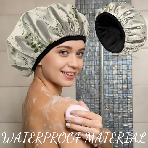 Luxury Shower Cap Terry Cloth Lined EVA Waterproof Reusable Triple Layer Elastic Hair Bath Caps for Women Girls Cute (C17-Floral) - color: C17-Floral