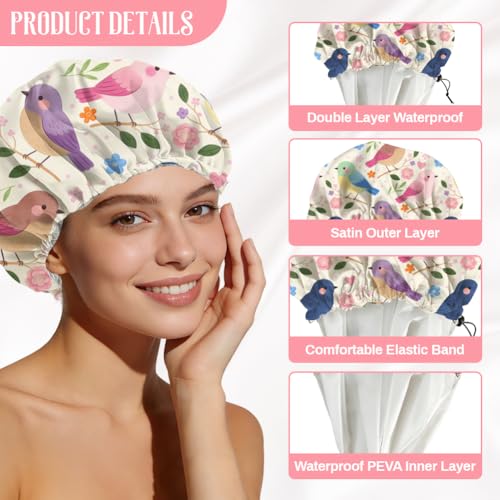 Bohemian Birds Flowers Reusable Shower Cap Cute Double Layer Waterproof Shower Caps Large Elastic Hair Cover Adjustable Hair - Drying Caps for Woman Bath SPA Travel One Size Fits Most - color: Birds Flowers