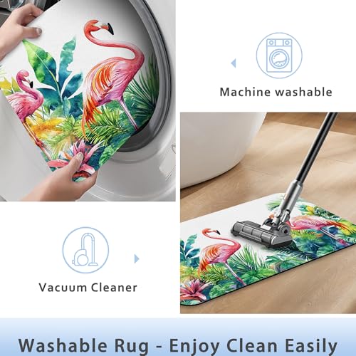 Flamingo Bathroom Rug 29.5"x17", Tropical Flowers Leaves Quick-Drying Super Absorbent Diatomite Bath Mat with Non-Slip Backing, Thin Washable Bathroom Floor Mat Fits Under Door for Shower, Sink - color: Flamingo Tropical Flowers Leaves