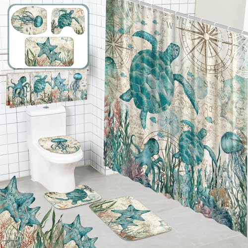 Tatuo 8 Pcs Sea Turtle Shower Curtain Set Summer Ocean Theme Bathroom Accessories Sets Decor Sea Animal Nautical Coastal Waterproof Shower Curtain with Towels Carpet Bath Mat Toilet Rugs and 12 Hooks - style: Sea Animal