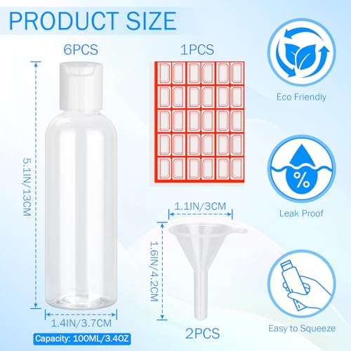 6 Pack Travel Bottles for Toiletries, 3.4 oz Travel Bottles TSA Approved Leakproof Plastic Empty Bottles, Toiletry Containers with Labels for Shampoo Conditioner Lotion Travel Essentials Accessories