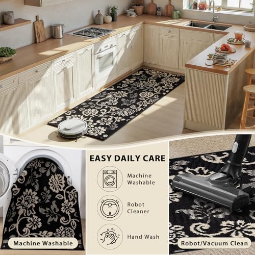 LOKHOM Boho Kitchen Rugs Sets of 3, Non Slip High-Low Textured Kitchen Mats for Floor with Rubber Backing, Paisley Floral Washable Carpet Runner for Hallways Entryway Laundry Sink (Black & Beige) - color: Black & Beige, size: 24"x35"+24"x48"+24"x60"