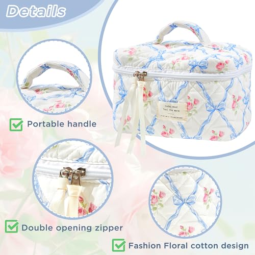 Sminra Makeup Bag Large Travel Quilted Cosmetic Makeup Bag Organizer, Floral Cotton Coquette Aesthetic Toiletry Bag for Women Girls (Blue Bow Flowers-L) - color: Blue Bow Flowers-L