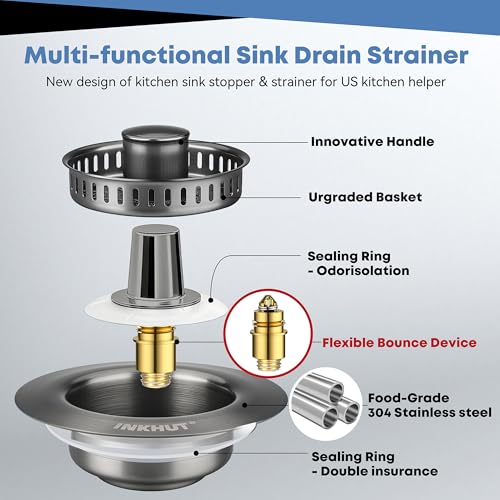 Upgraded 3 in 1 Kitchen Sink Drain Strainer - Stainless Steel Sink Stopper, Anti-Clogging Food Catcher Basket, Sink Bounce Core Drain Strainer Plug for US Standard 3 1/2 inch Drain (Dark Grey) - color: Dark Grey