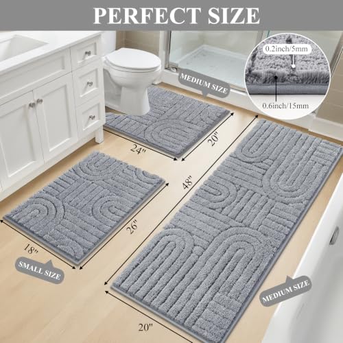 Vaukki Bathroom Rugs Sets 3 Piece, Light Grey Washable Non Slip Soft Bath Mats for Shower and Tub, Plush Absorbent Microfiber Toilet Rug U Shaped, 48x20+26x18+24x20 Inch - color: Light Grey, size: 18''x26''+20''x48''+20''x24''