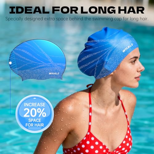 WHALE Extra Large Swim Cap Designed for Men and Women with Thick, Long Hair, Hair Extensions Or Afro-Textured Hair Long-Hair Swim Cap Highly Waterproof to Keep Hair Dry - color: Silver-blue