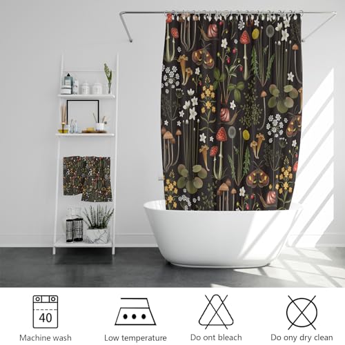 Retro Mushroom Shower Curtain for Bathroom, Fairy Forest Flowers Plants on Black Background Bath Curtains, Vintage Botanical Fabric Shower Curtain Sets with Hooks 60 x 72 - color: Red Black, size: 60"W x 72"L (Pack of 1)