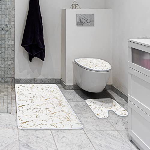 Marble 3-Piece Nonslip White Gold Bathroom Rugs and Mats Set - Soft, Washable, Water Absorbent Shower Rug with U-Shaped Contour and Toilet Lid Cover - color: White Gold, size: Set of 3