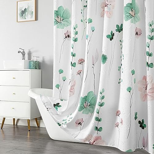 QiyI Watercolor Floral Shower Curtain, 3D Embossed Butterflies Sage Green Flower Bathroom Curtain, Minimalist White Cloth Bath Curtains, Waterproof Fabric Textured Shower Curtain Set with Hooks, 72x72 - color: Sage Green, size: 72"W x 72"L (Pack of 1)