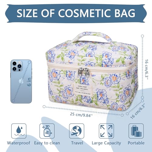 Gosect Large Makeup Bag, Cute Cosmetic Bag for Women Girls, Floral Coquette Aesthetic Toiletry Bag, Travel Make Up Organizer Bag (light blue) - color: 044Light Blue